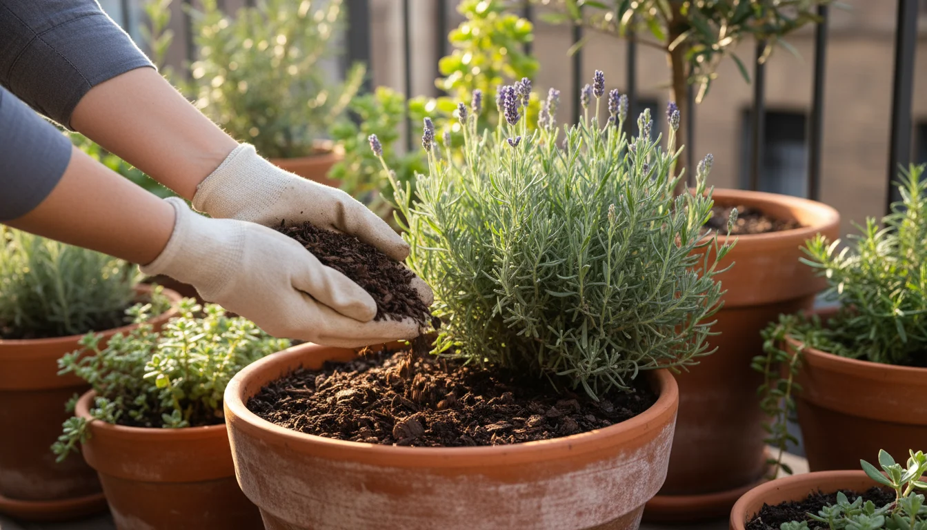 Close-up of hands applying shredded bark mulch to a terracotta pot with a lavender plant on a sunny balcony.