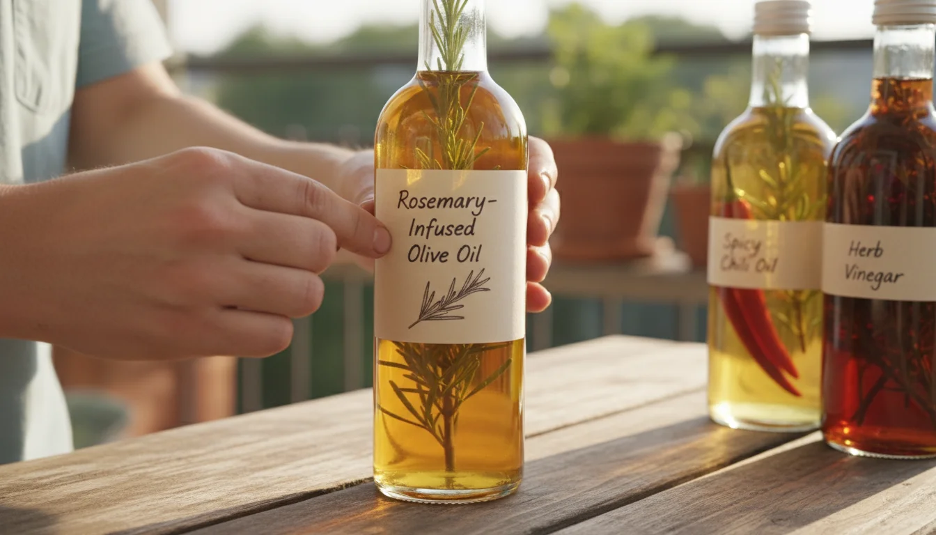 Close-up of hands applying a simple handwritten label to a bottle of golden rosemary-infused olive oil on a rustic wooden table. Other clearly labeled