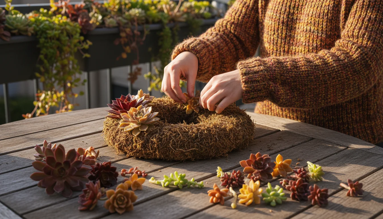 Hands carefully arrange an array of colorful succulent cuttings onto a sphagnum moss wreath form on a wooden patio table.