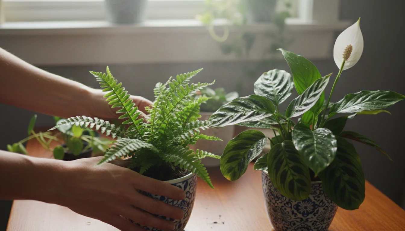 Hands carefully arrange a Boston fern next to a Calathea and Peace Lily in decorative pots on a wooden surface, bathed in soft indirect light.
