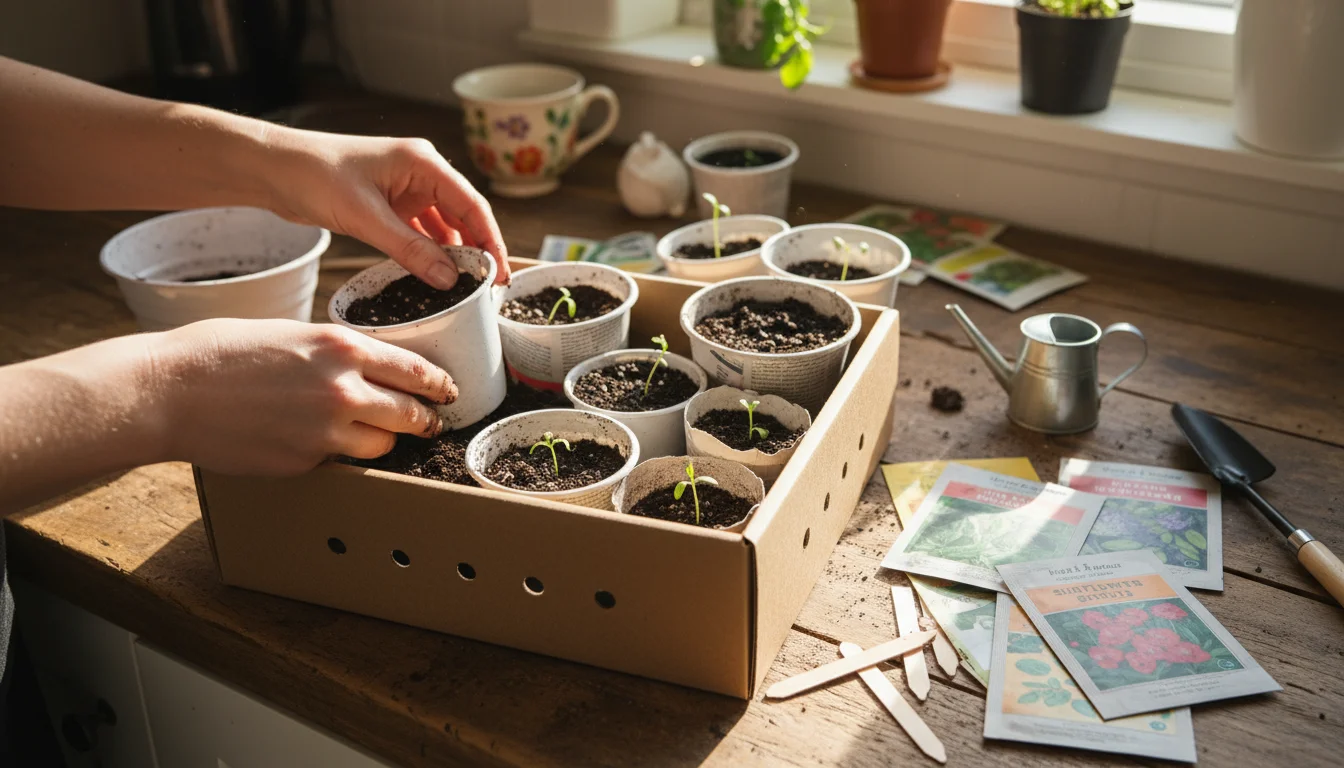 Hands arrange diverse repurposed containers like milk jugs, yogurt cups, and newspaper pots alongside a shoebox for seed starting on a sunlit counter.