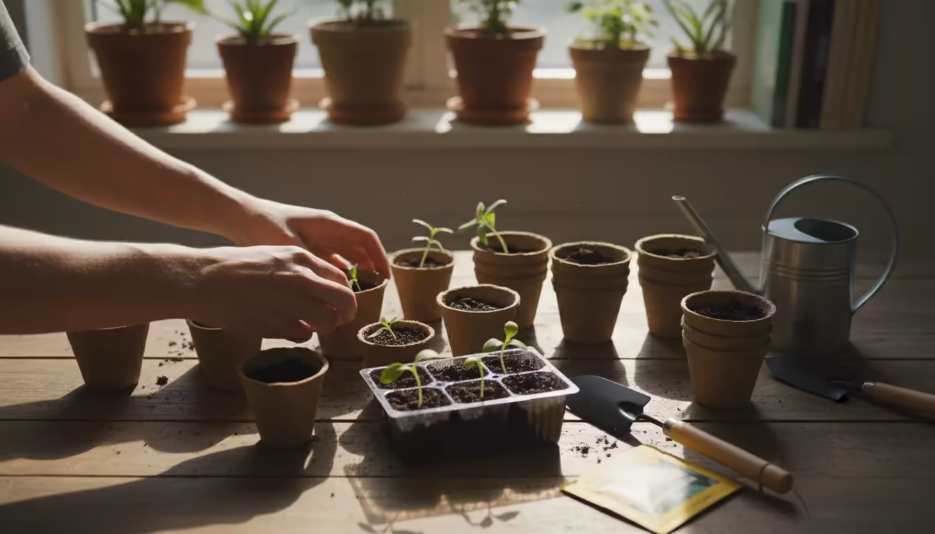 Hands arrange diverse small seed-starting containers (peat, plastic cell, terracotta) on a sunlit wooden table, showcasing compact options.