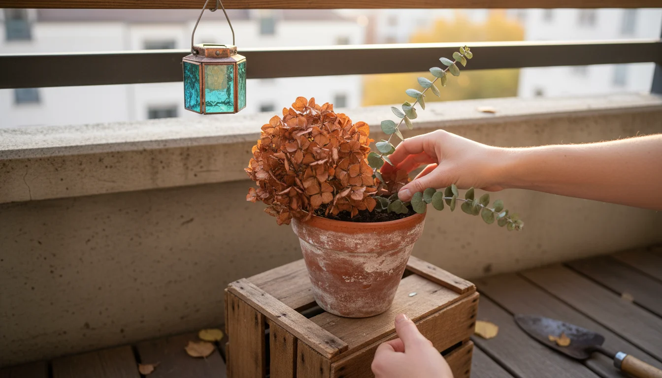 Hands arrange dried hydrangeas in a vintage terracotta pot on a repurposed wooden crate on a balcony, with a recycled glass solar lantern nearby.