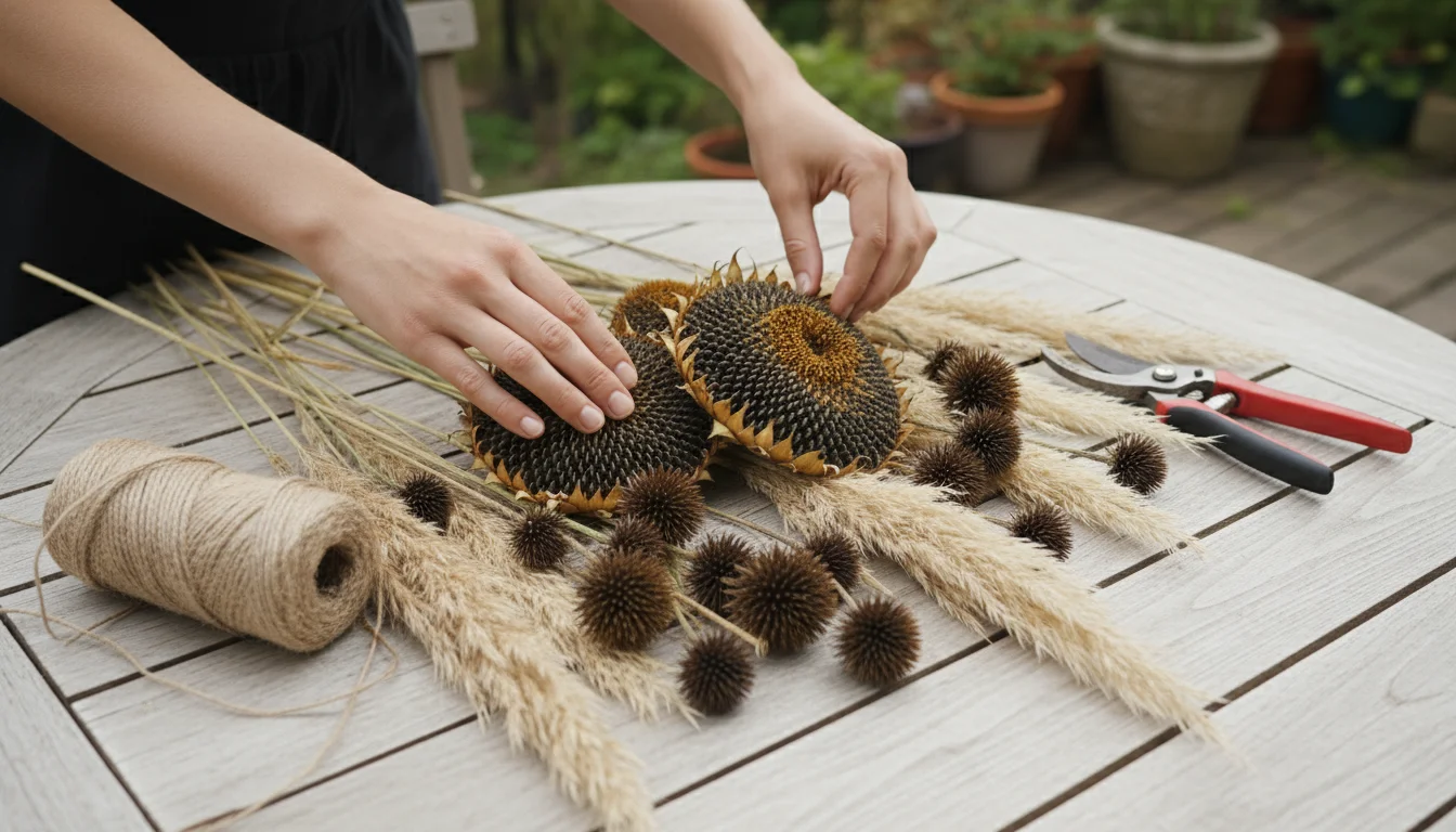 Hands gently arrange dried sunflower heads, coneflowers, ornamental grasses, twine, and garden pruners on a light wood table.