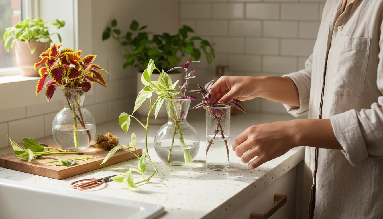 Hands arrange fresh plant cuttings on a counter. Some are in water jars, others wrapped in damp paper towels and plastic bags.
