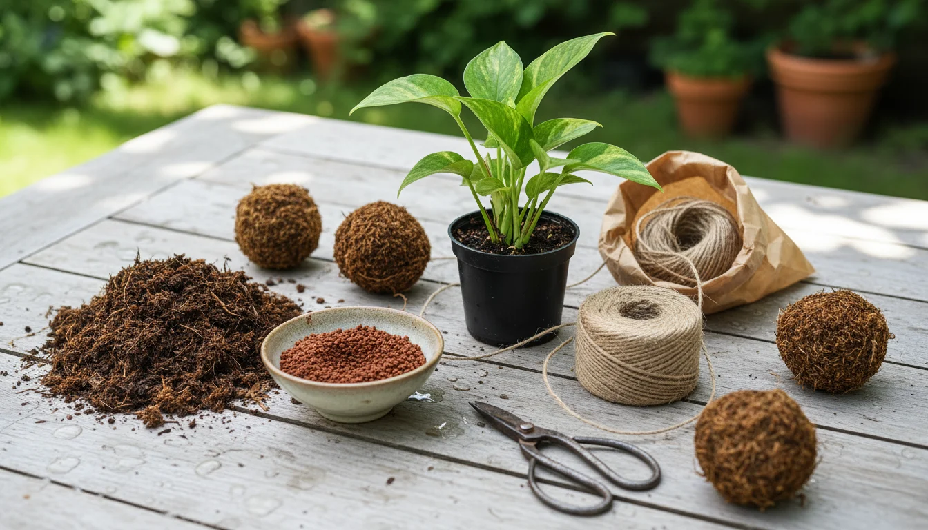 Hands arrange kokedama supplies: a small Pothos plant, peat moss, akadama soil, and natural twine on a light wooden table.