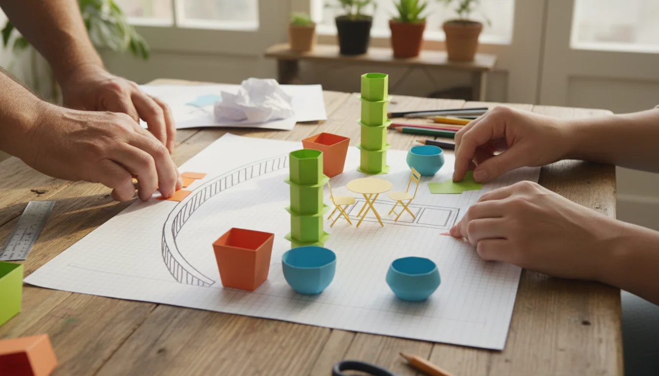 Hands arrange paper cutouts of pots, a vertical garden, and a small table on graph paper for a balcony plan.
