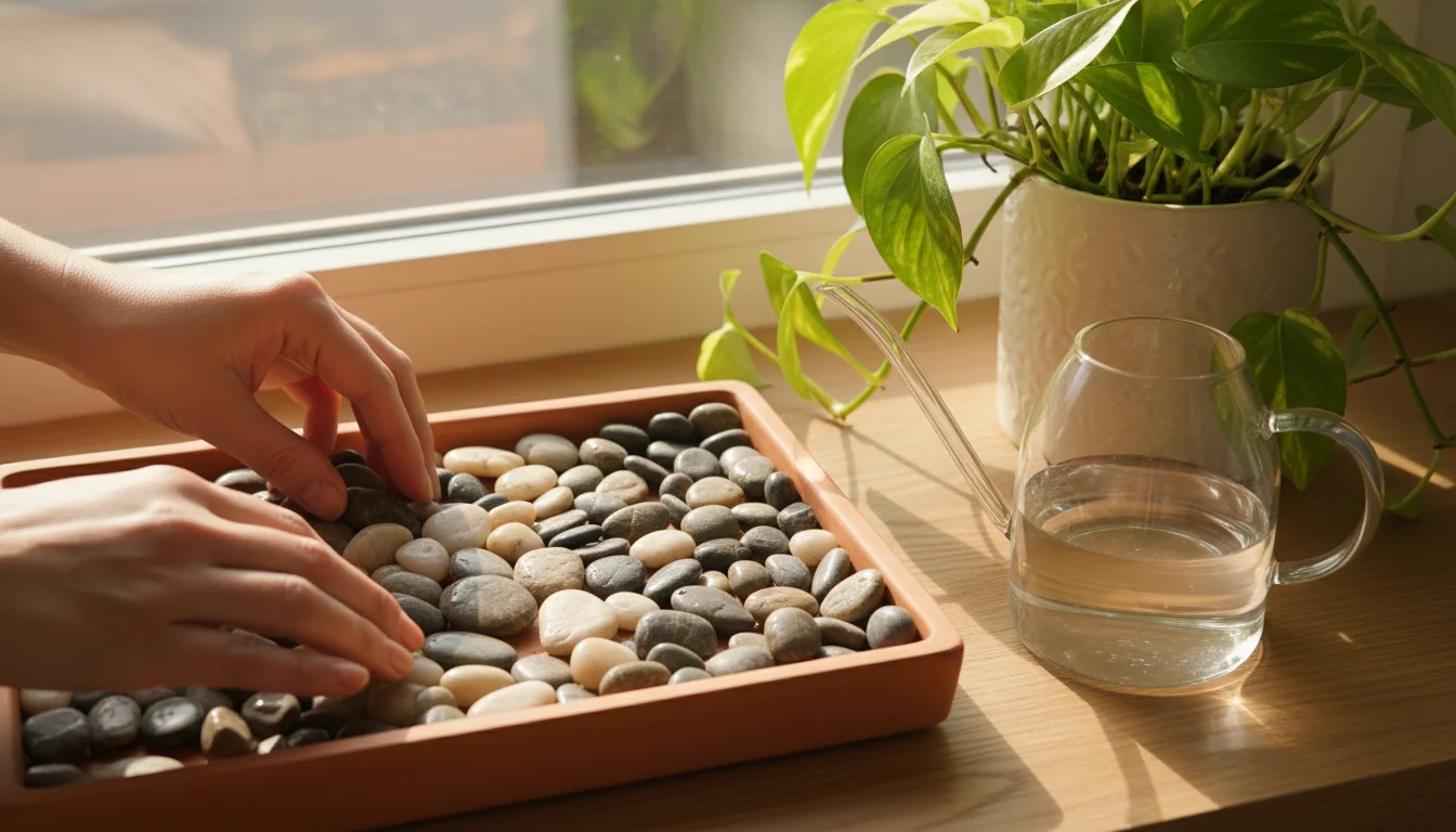 Hands arrange river pebbles in a terracotta tray next to a Pothos plant and a watering can on a windowsill.