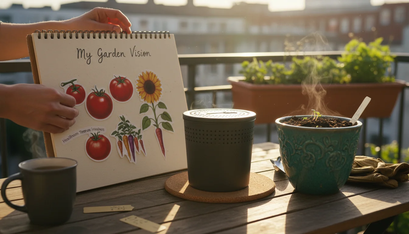 Hands arrange seed catalog clippings on a dream board, beside a compact vermicomposting bin and a pot of rich organic soil on a balcony table.