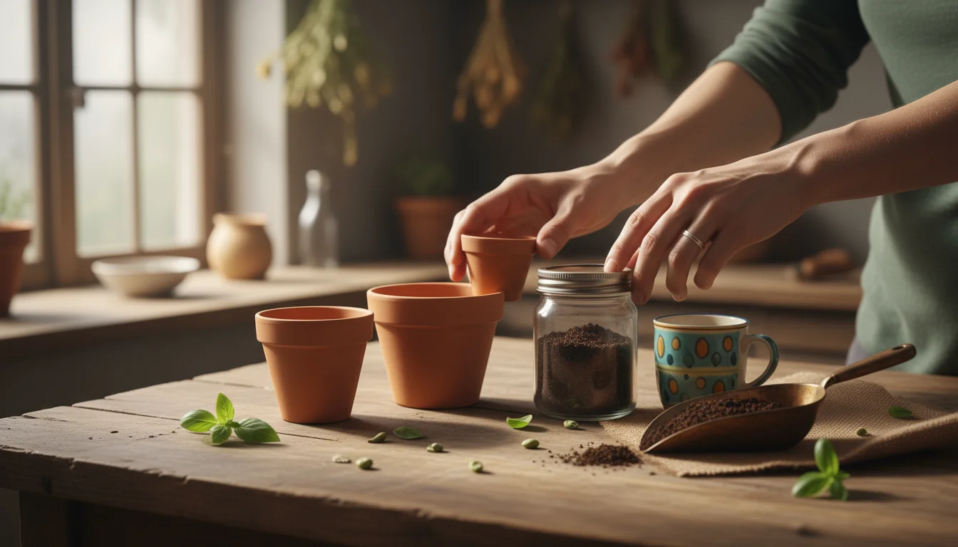 Hands arrange small pots, recycled jars, bulbs, potting mix, and hand tools on a wooden table.