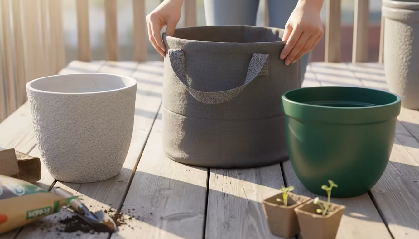 Hands arrange various lightweight planters—a fabric grow bag, resin pot, and fiberglass pot—on a sunny balcony floor.