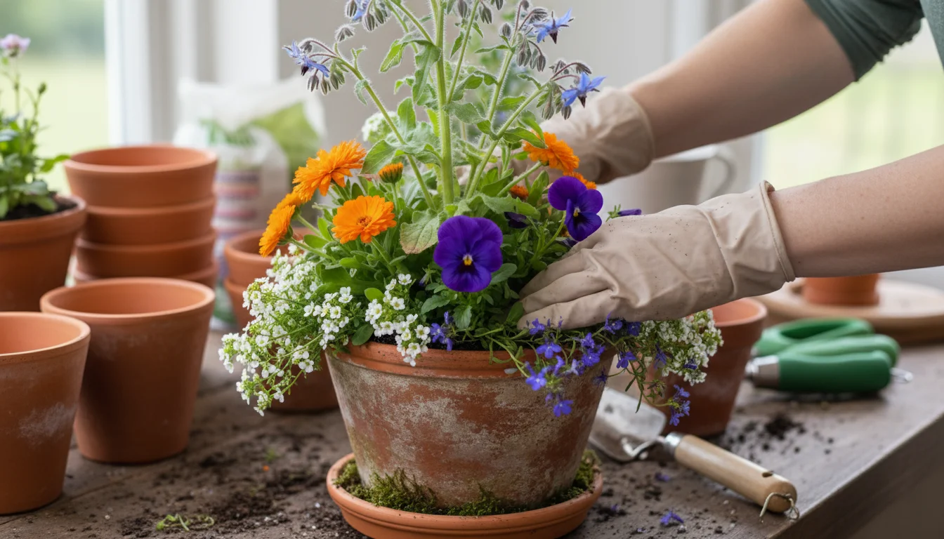 Close-up of hands arranging Borage, Calendula, Pansies, Alyssum, and Lobelia into a terracotta pot with potting mix on a balcony.