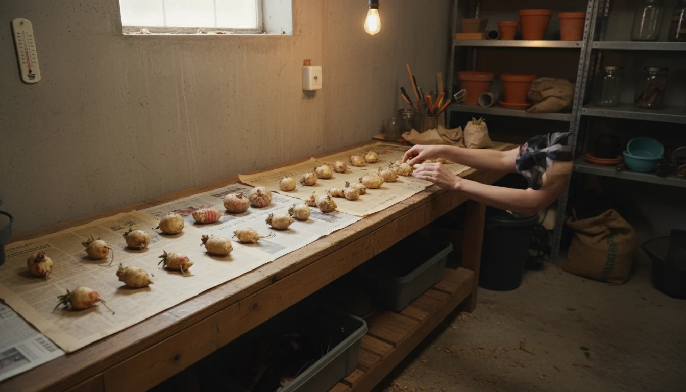 Hands carefully arranging cleaned dahlia, canna, and caladium tubers on newspaper in a cool garage corner for curing.