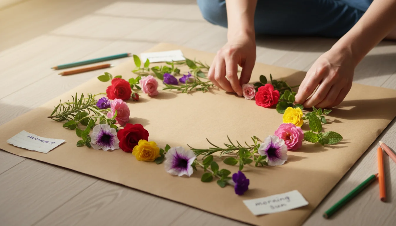Hands arranging colorful plant clippings on a large paper dream board spread on a wooden floor, with pencils and notes nearby.