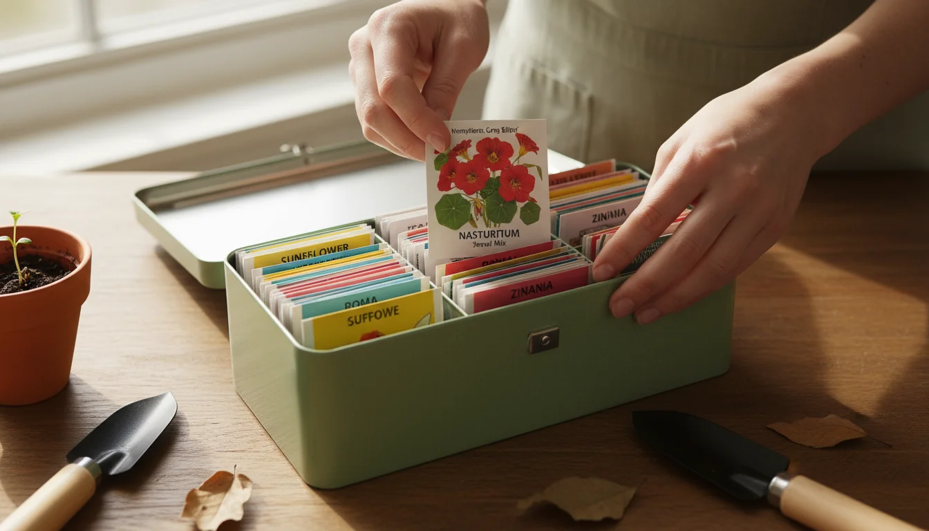 Hands arranging colorful seed packets into a sage green metal storage box on a sunlit patio, with a vertical planter blurred in the background.