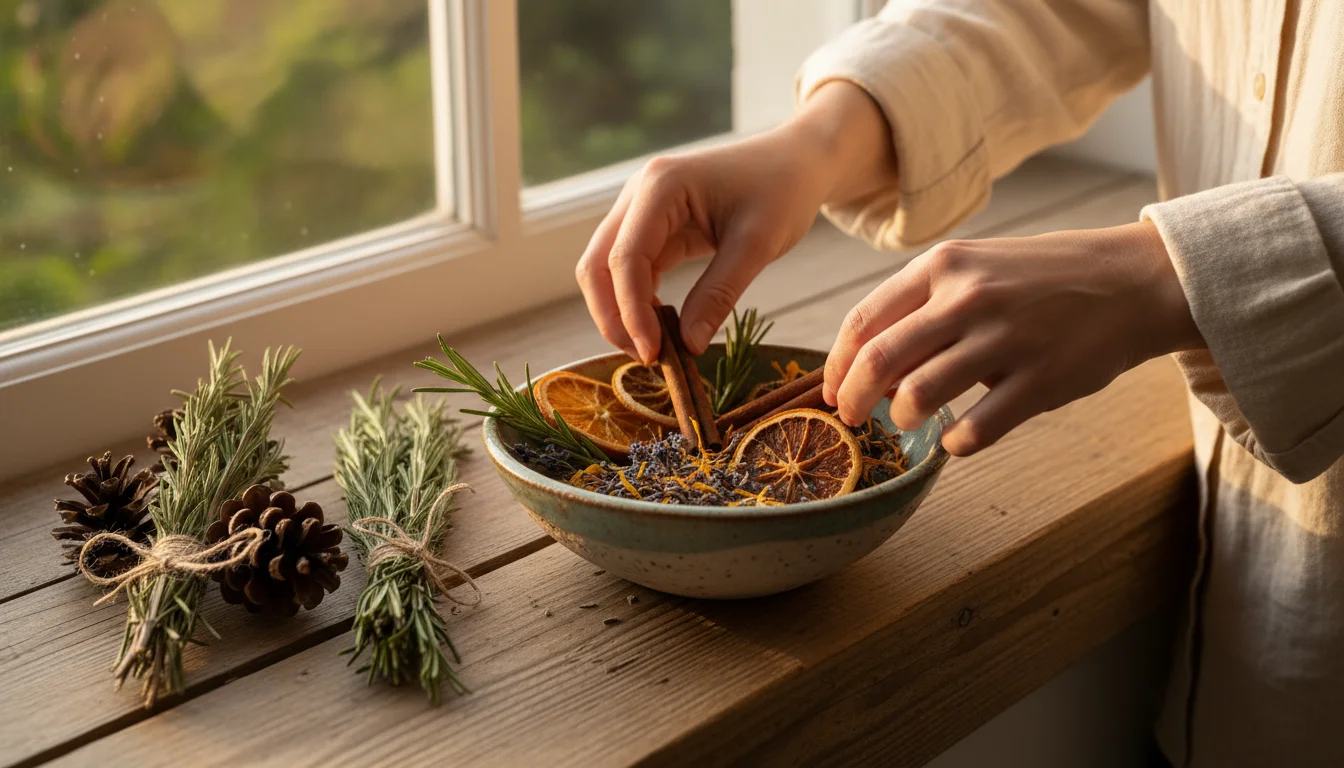 Hands arranging dried herbs, orange slices, and cinnamon into a ceramic bowl for potpourri. Bundled fire starters sit next to it.