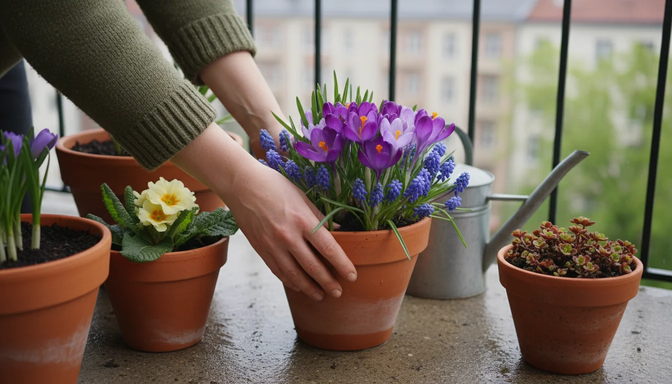 Hands arranging early spring pollinator plants like crocuses and muscari in pots on a damp balcony, with other plants showing early growth.