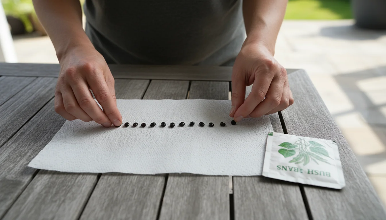 Close-up of hands carefully arranging fifteen small dark bush bean seeds in a line on a damp paper towel on a patio table. A crumpled seed packet lies