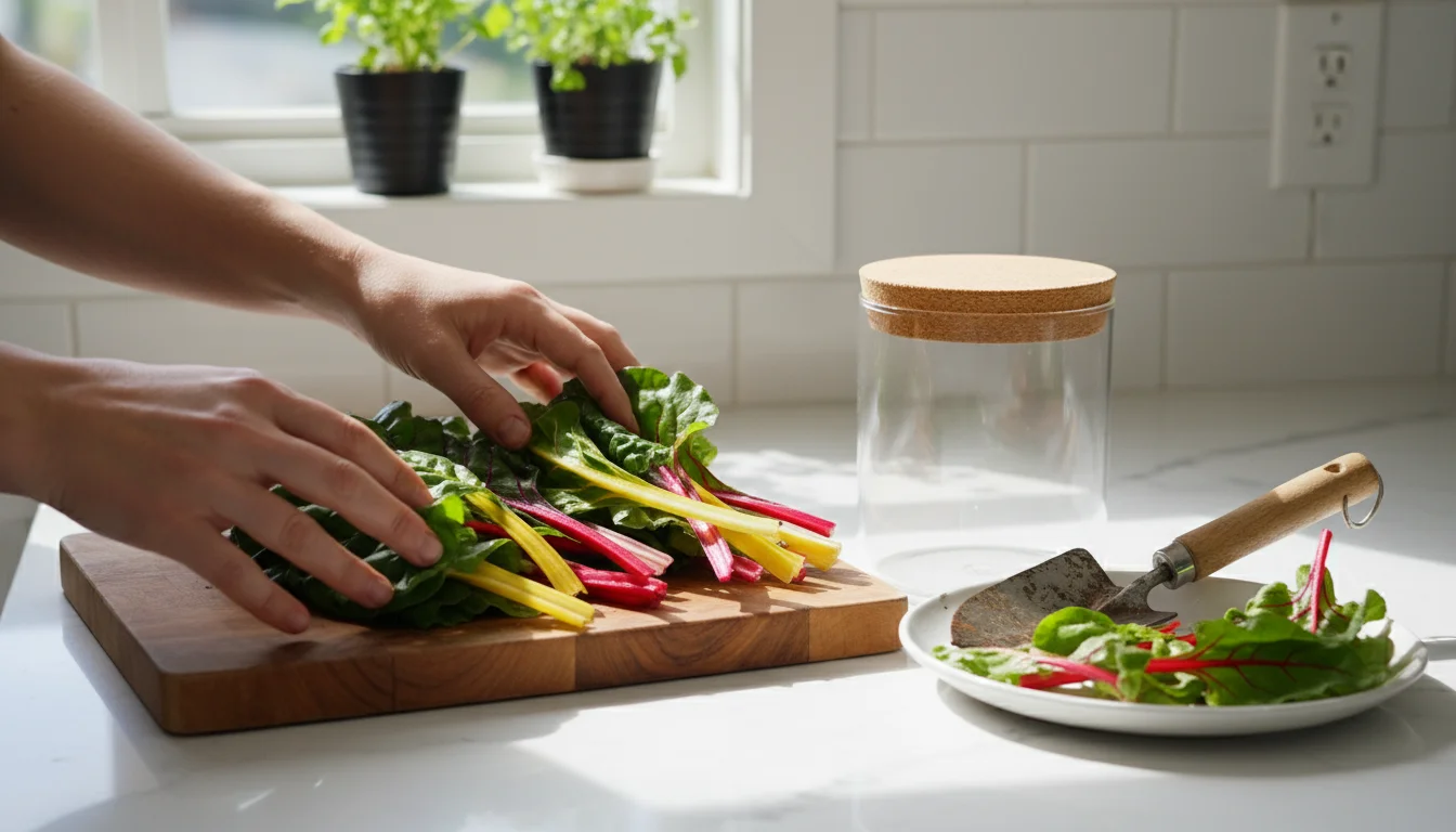 Hands arranging freshly harvested Swiss chard, showing vibrant leaves and colorful stems, on a wooden cutting board with a glass storage container on