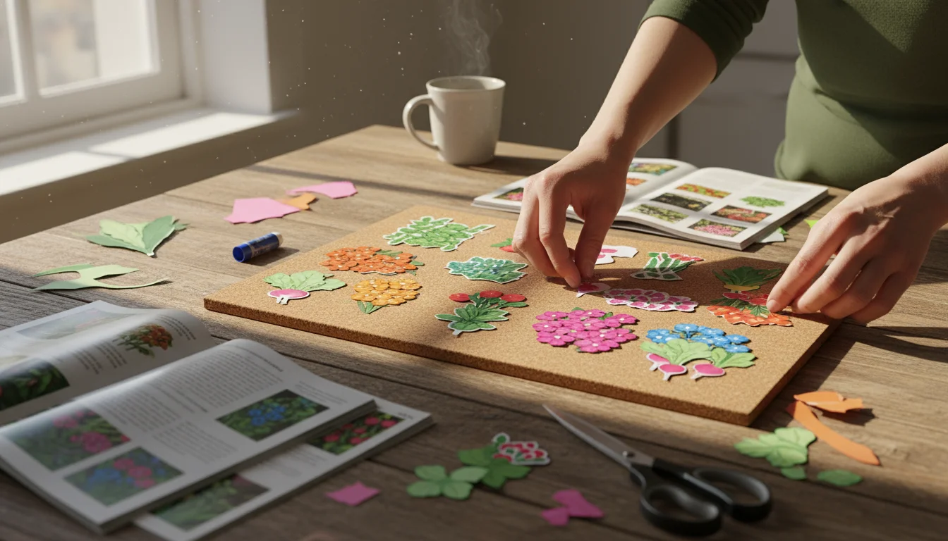 Hands arranging images of container plants on a cork board, surrounded by seed catalogs, scissors, and a mug on a wooden table.