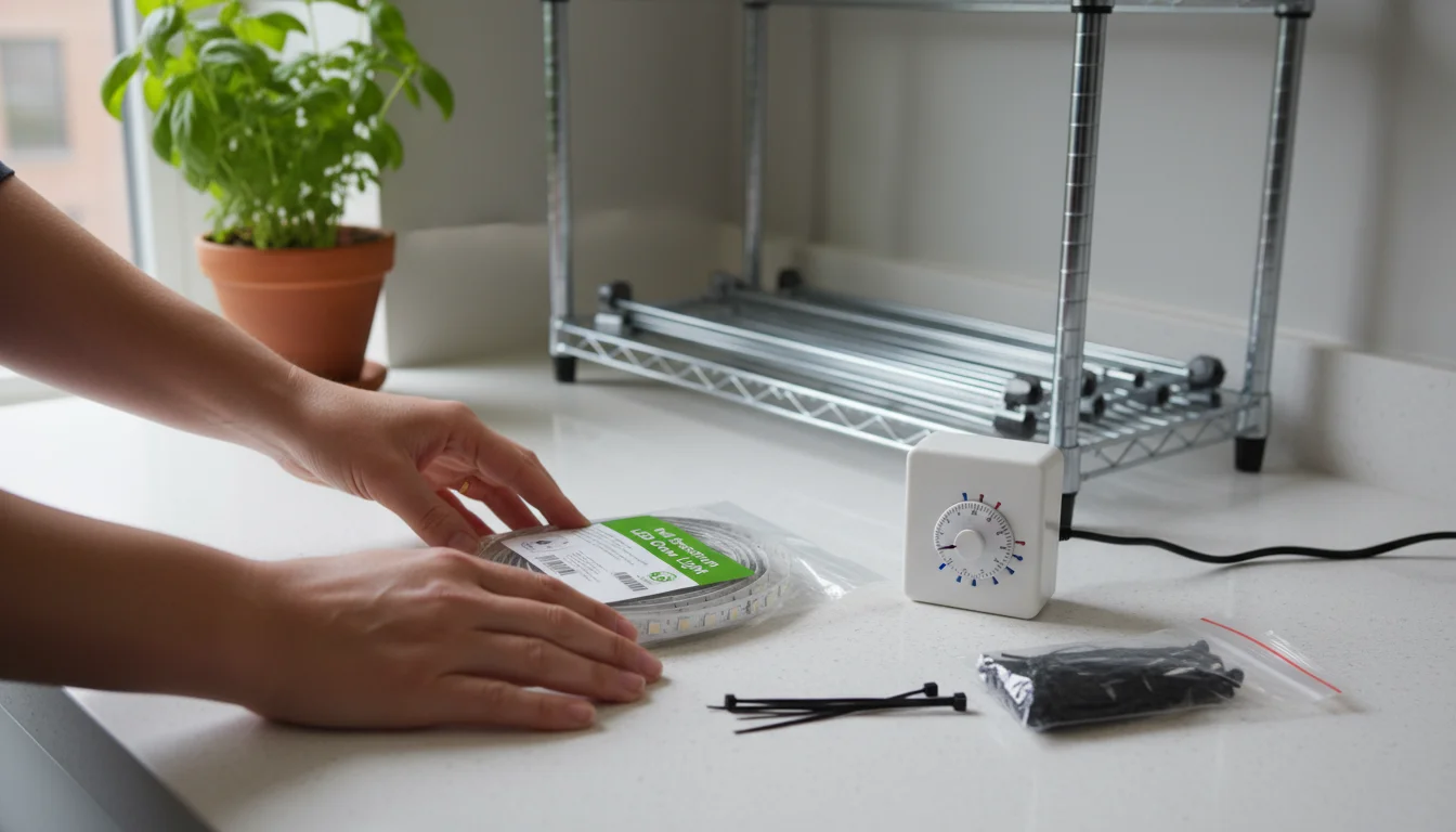 Hands arranging LED light strips, a timer, and zip ties on a counter, with a wire shelf unit in the background.