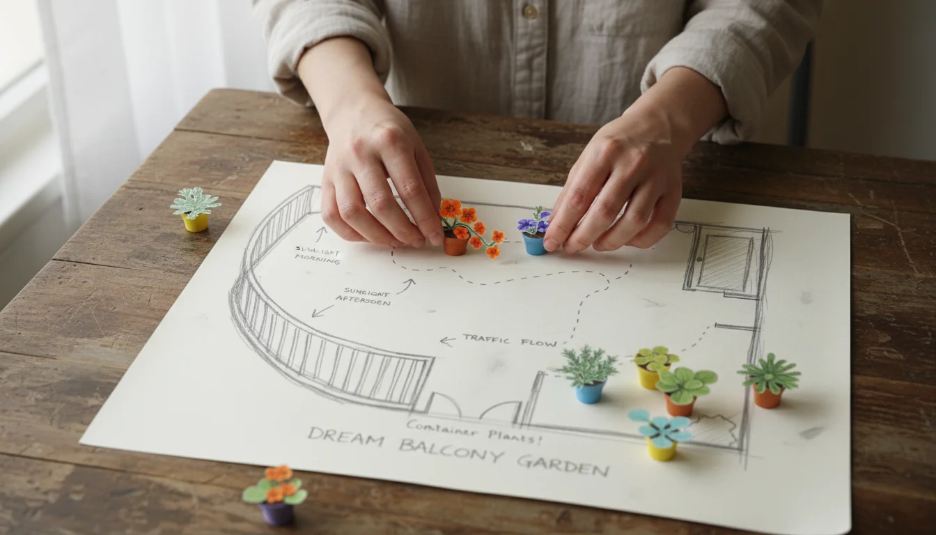 Close-up of hands arranging plant cut-outs and pot shapes on a sketched balcony 'dream board' for garden layout planning.