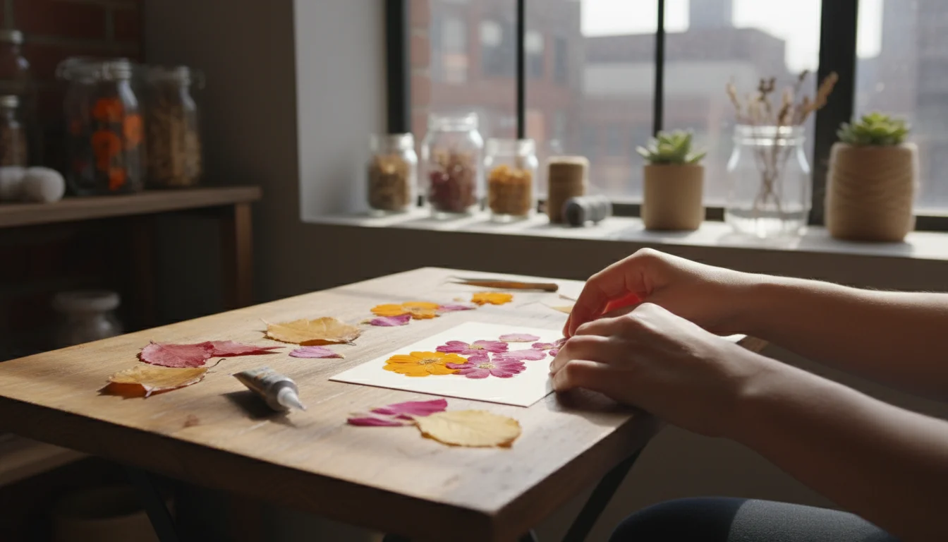 Hands arranging pressed marigold and cosmos flowers onto a blank cream greeting card, with glue and leaves nearby on a wooden table.