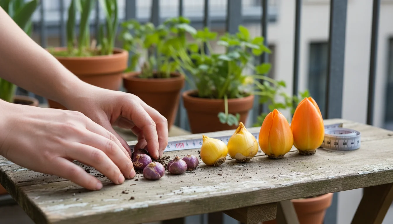 Hands arranging purple crocus, yellow daffodil, and orange tulip bulbs on a potting bench next to an empty terracotta pot.