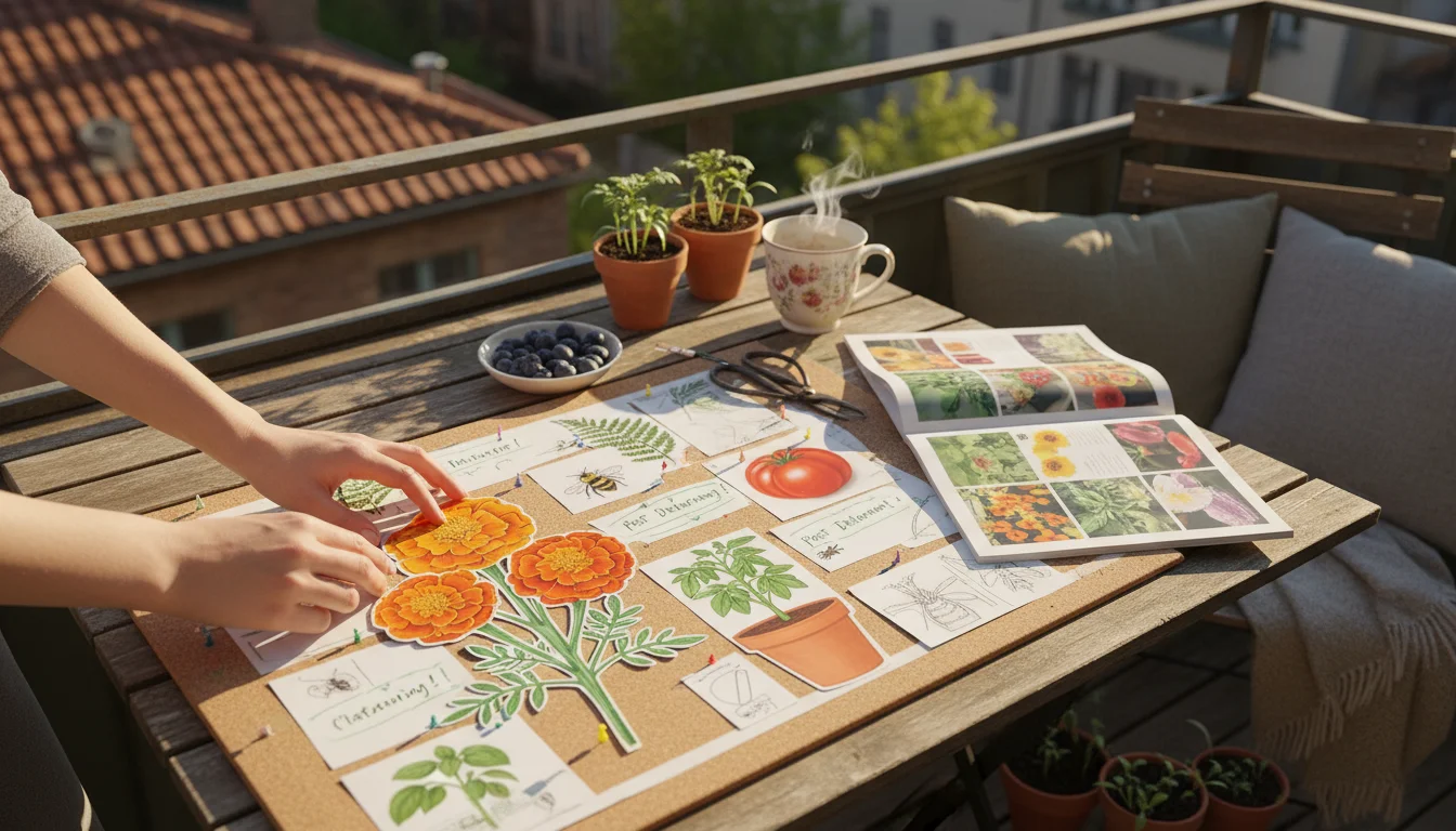 Hands arranging seed catalog cutouts on a 'dream board,' pairing marigolds with a tomato plant on a sunlit balcony table.
