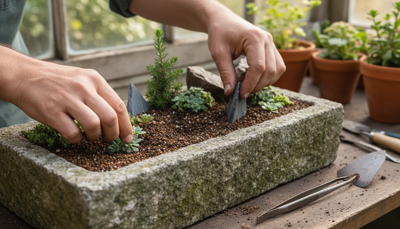 Close-up of hands arranging small alpine plants, rocks, and driftwood in a stone trough filled with soil on a rustic wooden balcony surface.