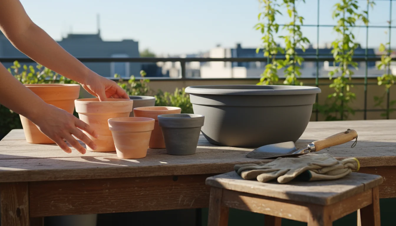 Hands arranging various empty terracotta and ceramic pots of different depths and widths on a sunny balcony, with a ruler on one.