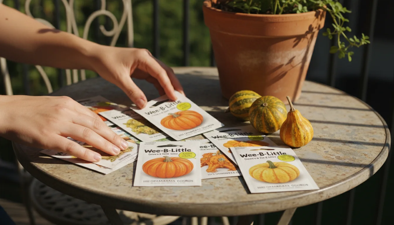 Hands arranging 'Wee-B-Little' mini pumpkin and ornamental gourd seed packets on a sun-dappled balcony table, with dried gourds and a terracotta pot.