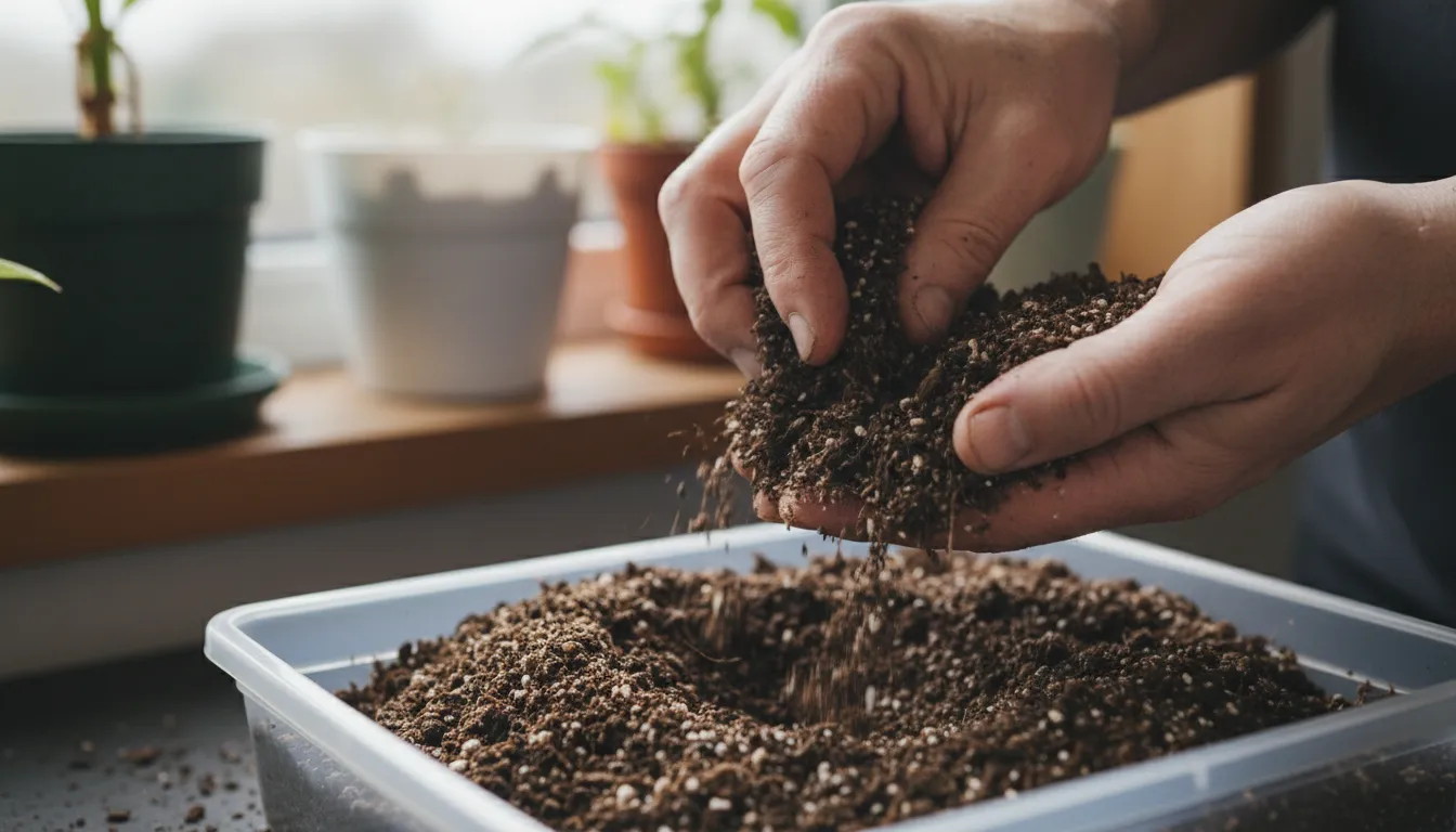 Close-up of hands gently sifting a light, aerated, peat-free potting mix in a tray, highlighting its suitable texture for indoor plants.