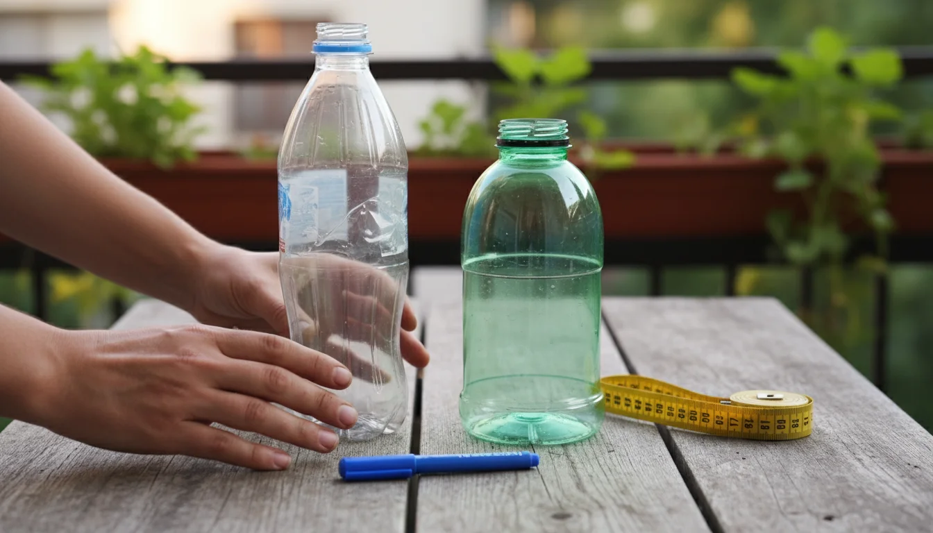 Hands on a balcony table comparing two plastic bottles (soda vs. juice) with a marker and measuring tape nearby, lush container plants in soft focus b