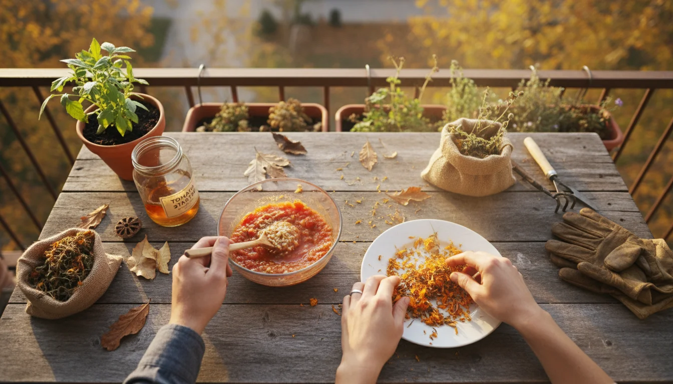 Overhead view of hands on a balcony table, extracting wet tomato seeds from pulp and dry marigold seeds from flower heads.