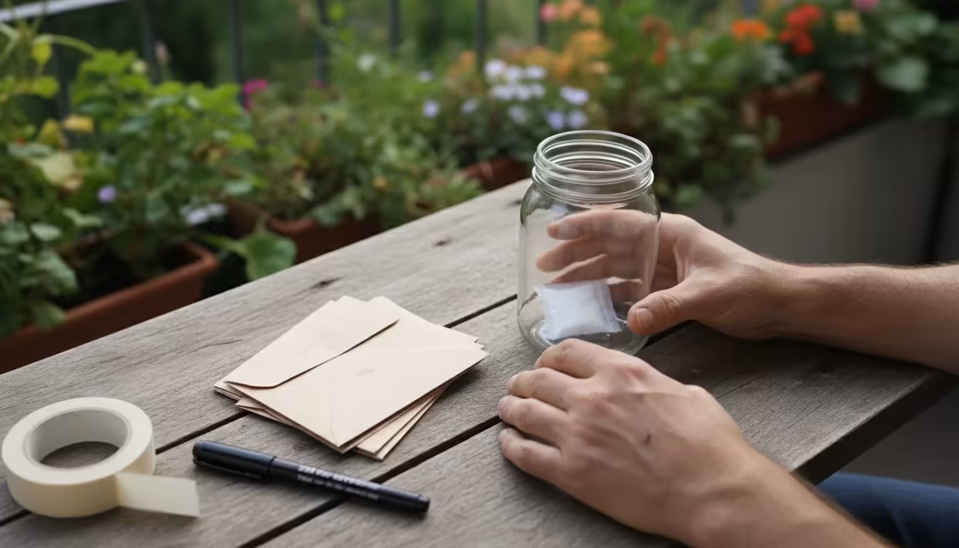 Hands on a balcony table, holding a glass jar with a desiccant packet, next to a stack of paper seed envelopes, with a marker.