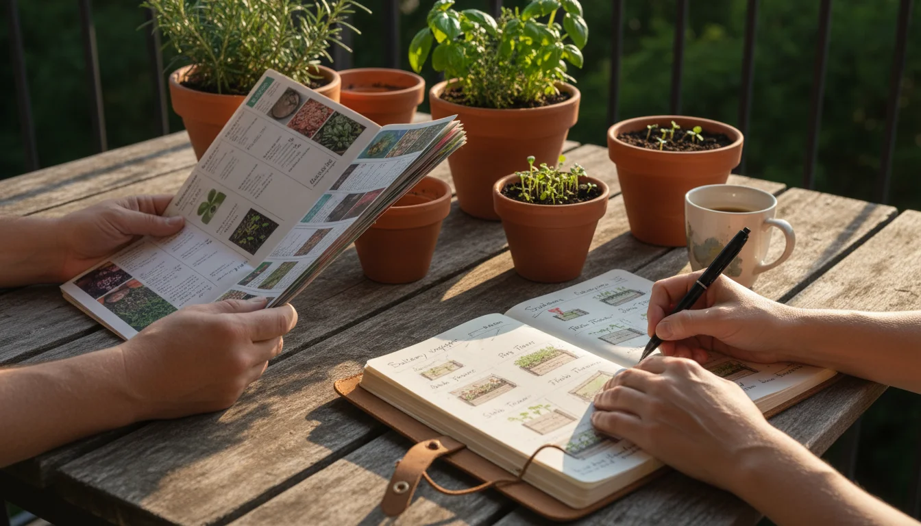 Close-up of hands on a balcony table, sifting through seed catalogs and writing in a garden journal, surrounded by container plants.
