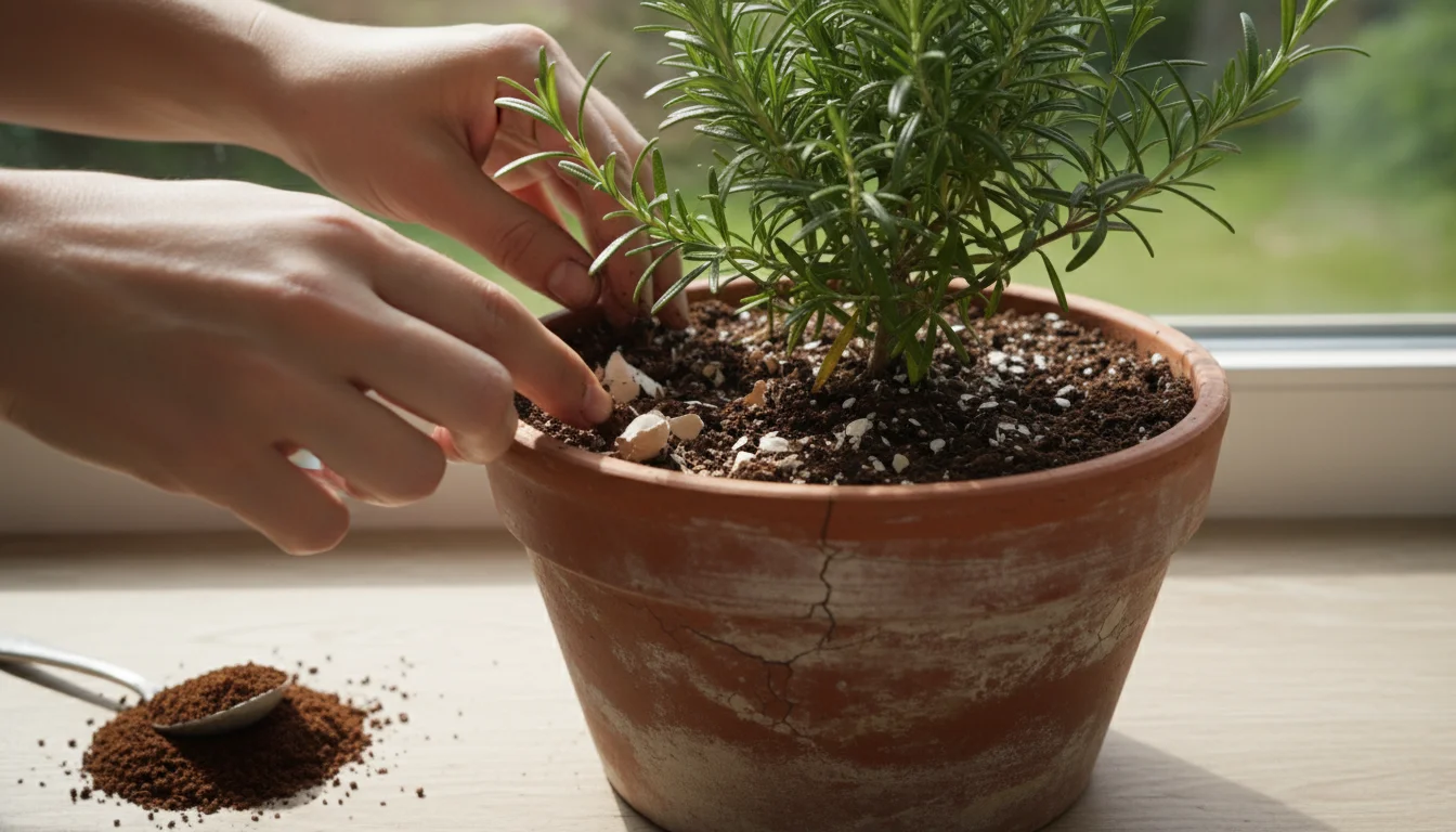 Hands gently blend coffee grounds and eggshells into soil of a rosemary plant in a terracotta pot on a sunny windowsill.