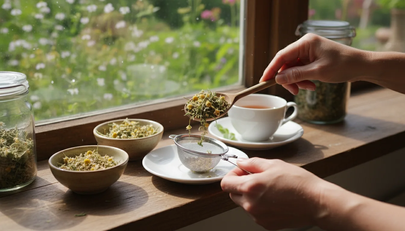 Hands blend dried lemon balm, chamomile, and peppermint from bowls into a tea infuser on a sunlit wooden windowsill, with blurred potted herbs in back