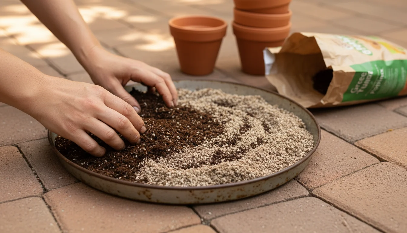 Close-up of hands blending dark compost into used potting mix on a patio tray, with empty pots and an old bag in soft focus.