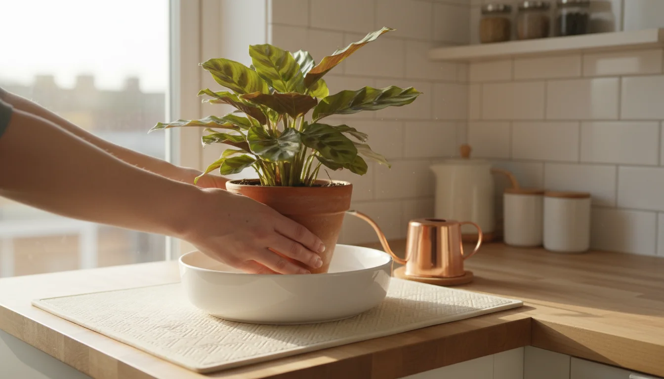 Hands bottom watering a potted houseplant in a basin on a plant mat on a kitchen counter.