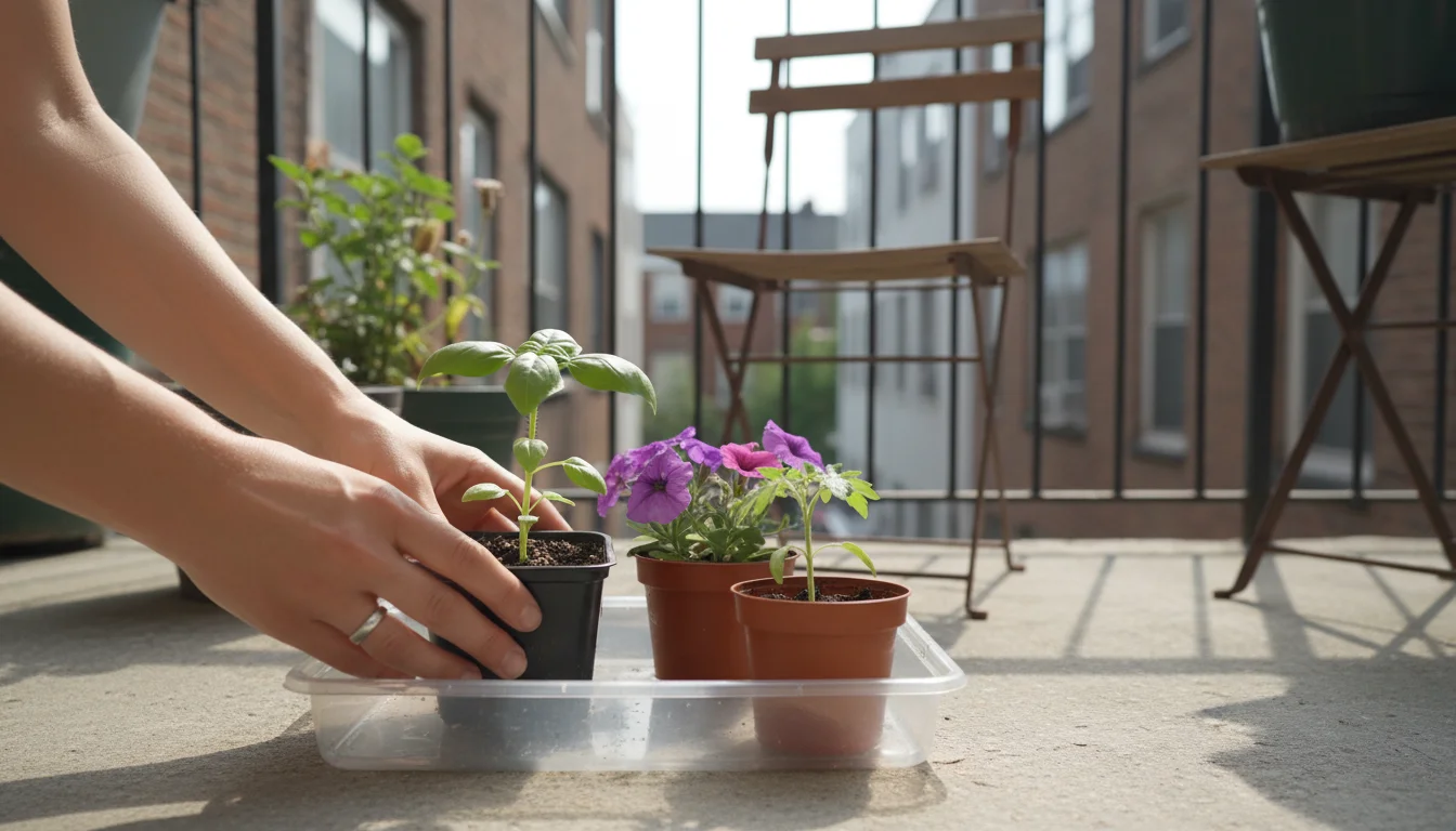 Close-up of hands bottom-watering three new small plants in a clear tray on a balcony, with dry soil visible in one pot.