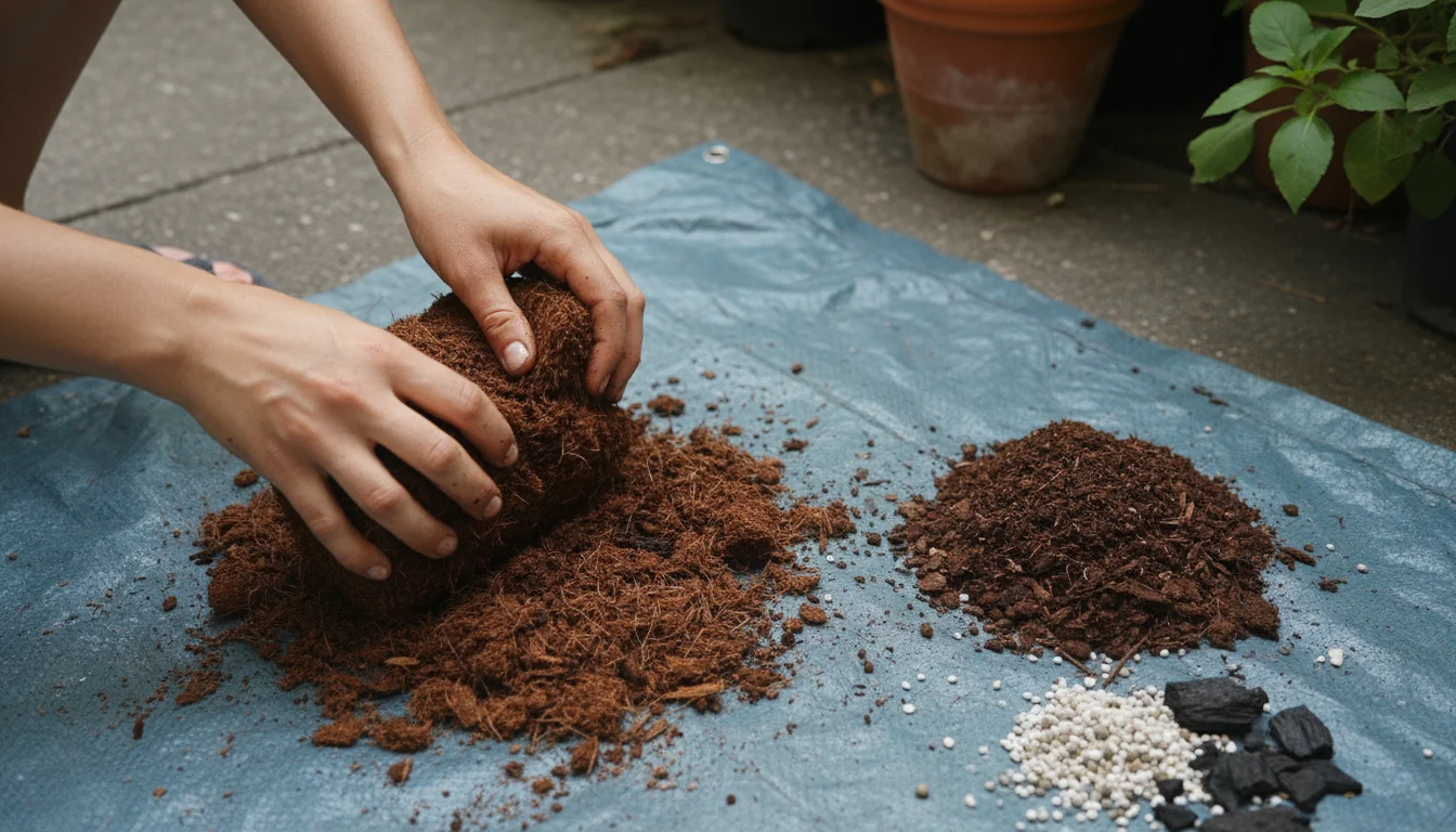 Hands breaking apart a block of coco coir on a blue tarp, with piles of composted bark and rice hulls, an empty pot, and trowel nearby on a patio.