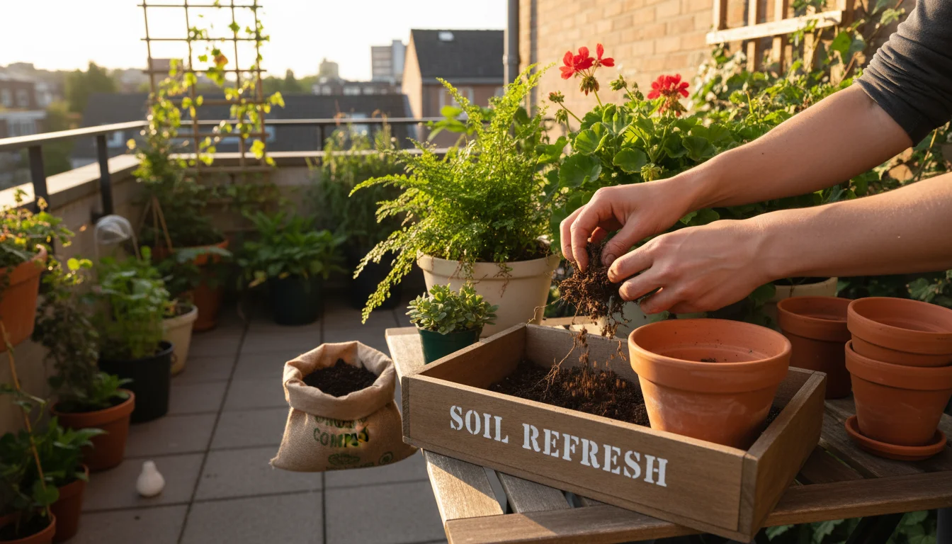 Hands breaking dried root ball from a terracotta pot into a soil bin on a patio, with compost and other container plants.