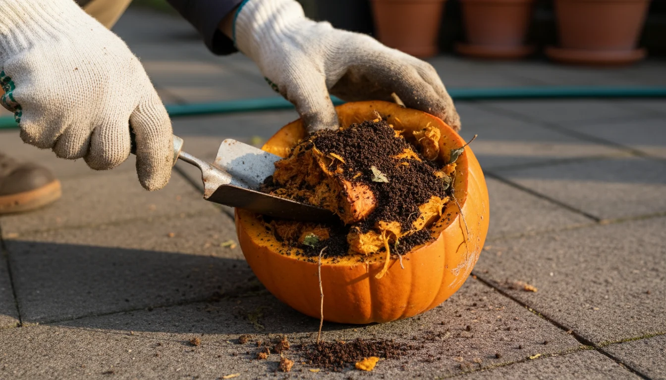 Close-up of hands breaking large pumpkin pieces with a trowel in a pumpkin compost bin, with coffee grounds visible.