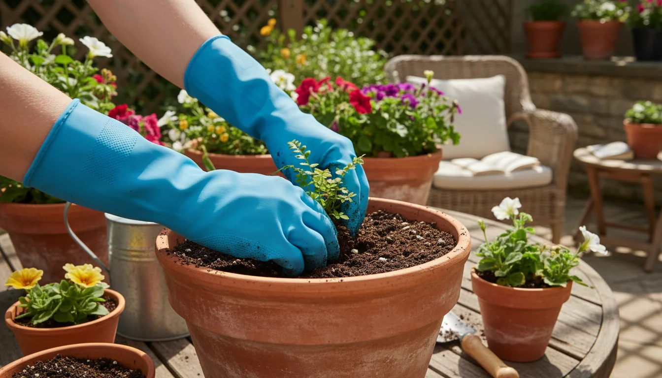 Hands in bright, waterproof gloves repotting a plant in muddy soil within a terracotta pot on a sunlit patio with container plants.