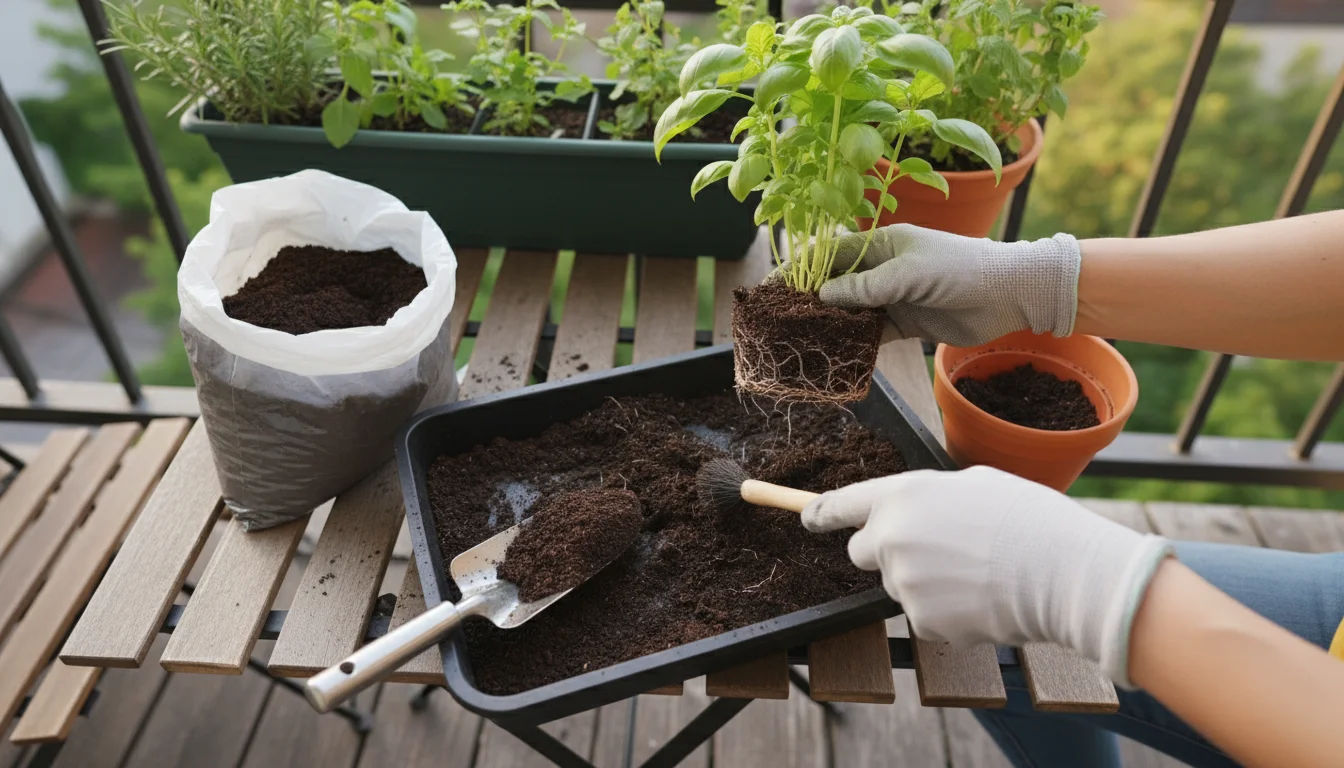 Hands gently brush old soil from a small herb's root ball during repotting. A bag of fresh potting mix and a sealed soil storage container are nearby 