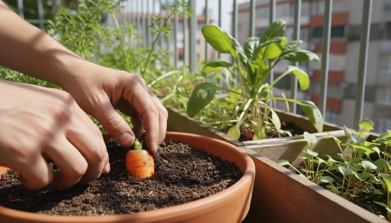 Hands gently brush soil from a carrot top in a pot on a balcony, with spinach and radish containers blurred in the background.