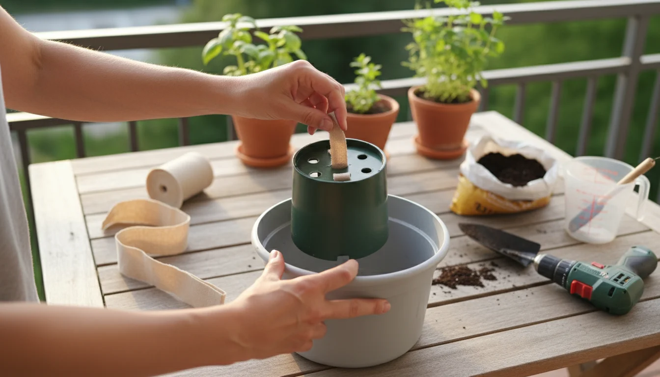 Close-up of hands building a DIY self-watering container, inserting a wicking strip into a plastic pot on a wooden table.