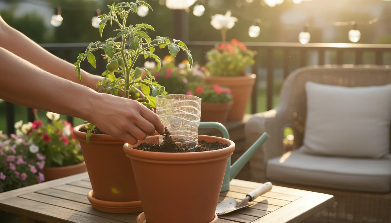 Hands bury a cut plastic bottle next to a tomato plant in a pot, creating a DIY drip system on a sunny patio.